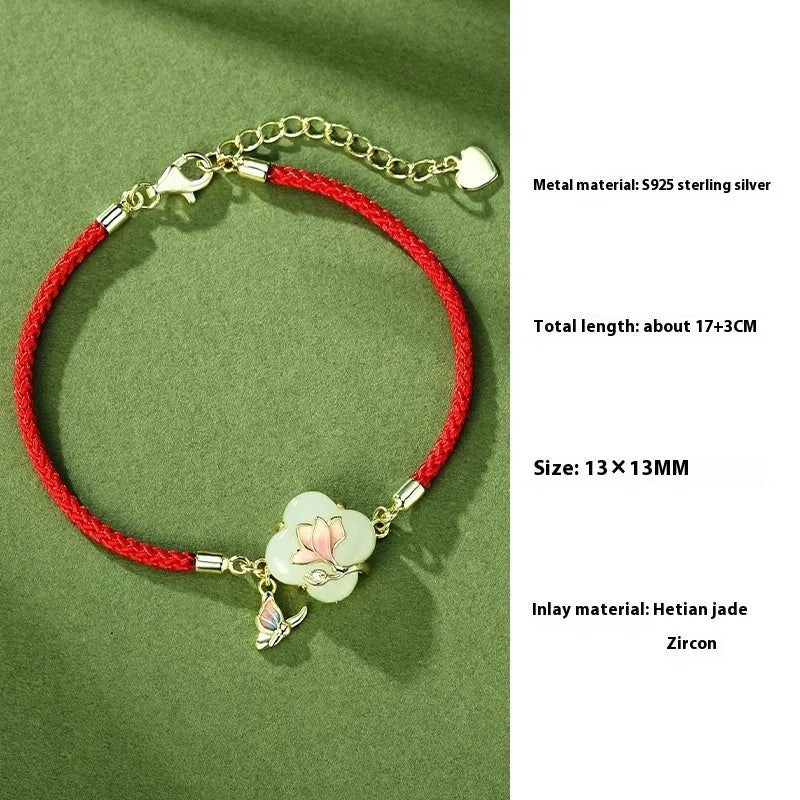 S925 Sterling Silver necklace, bracelet and earrings set with inlaid Hetian Jade magnolia flower design.