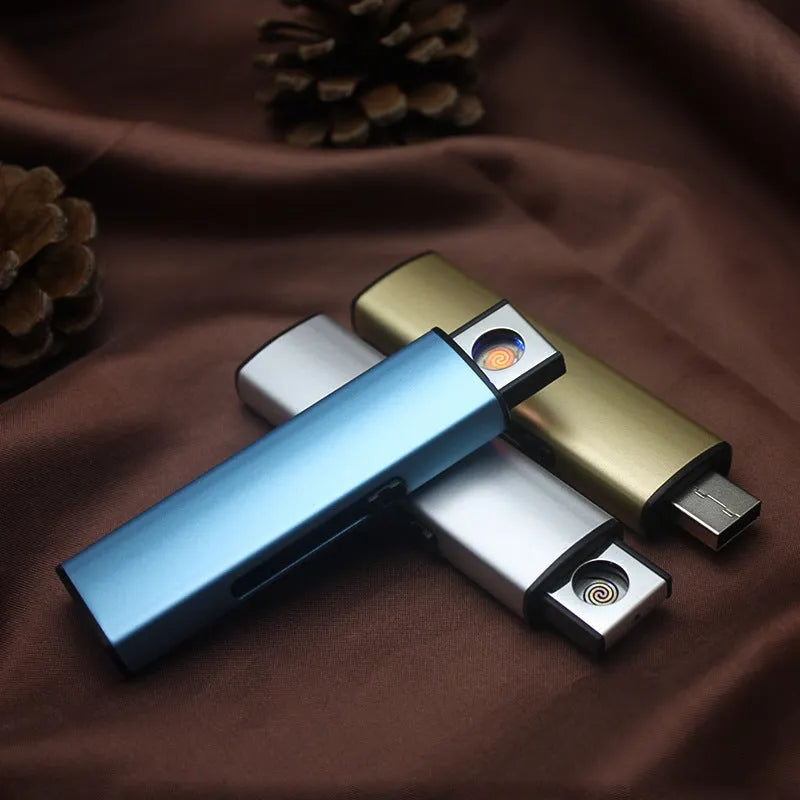 Set of 20 metal windproof rechargeable cigarette lighters in various colours, showing USB charging port.