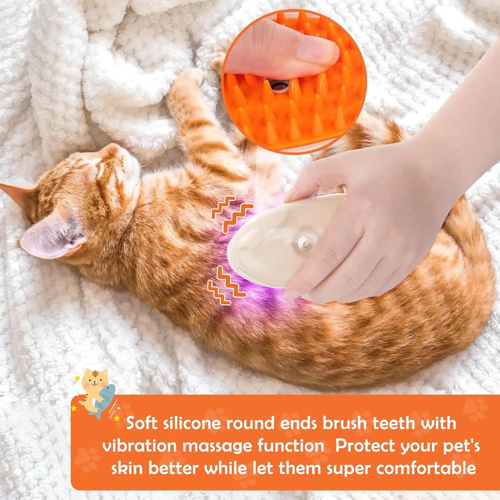 Yellow cat steam brush with silicone teeth, water tank, and ringworm detection lamp for pet grooming