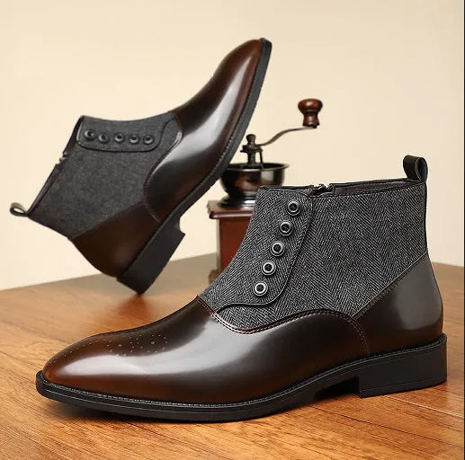 Men's brown retro formal shoes with square toe and side zipper on a rubber sole.