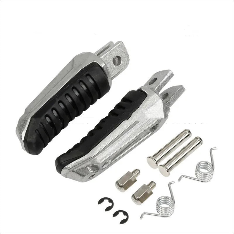 Black aluminium alloy motorcycle footpegs set for Suzuki Hayabusa, V-Strom, and GSX models.