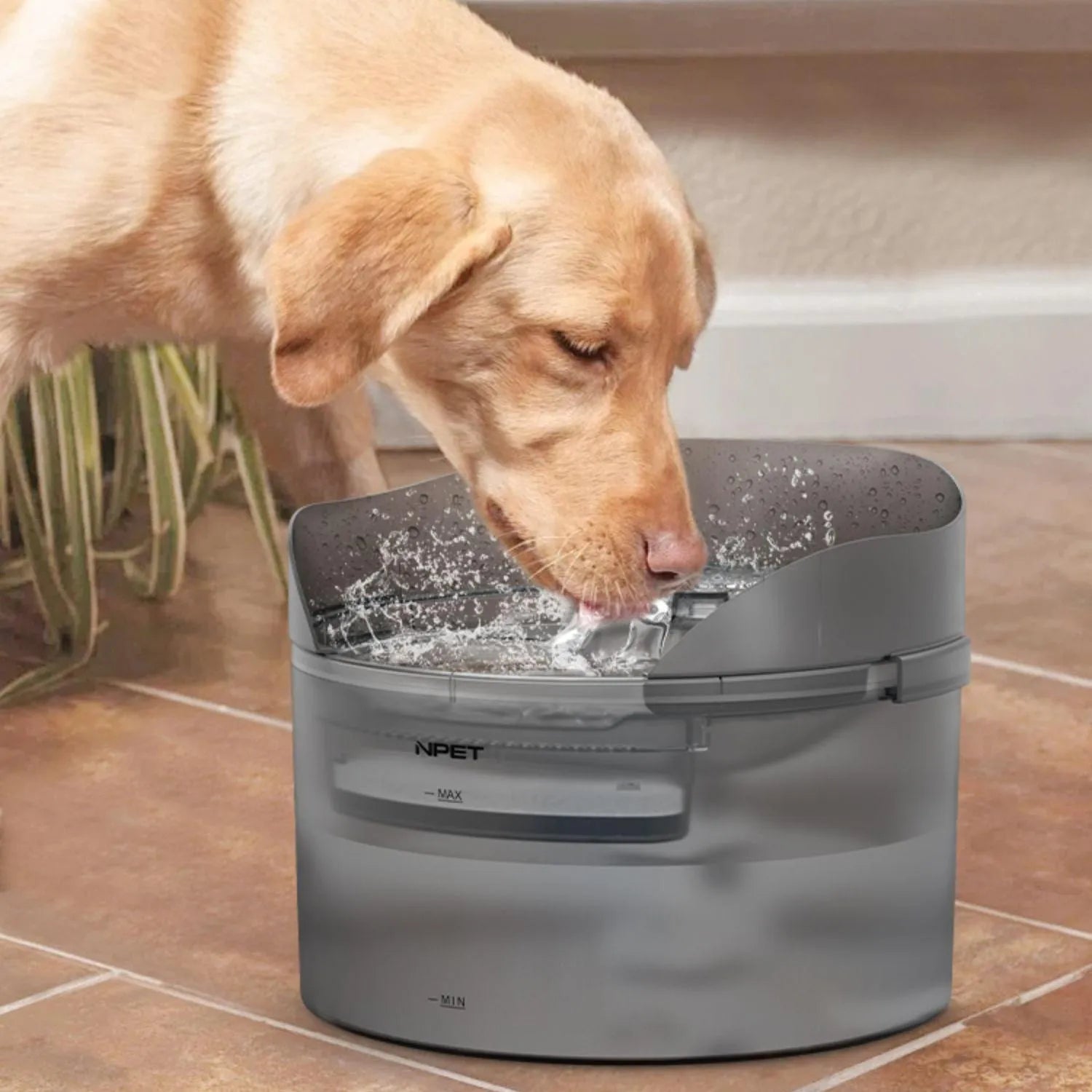 White automatic pet water fountain with flowing stream on a kitchen floor.