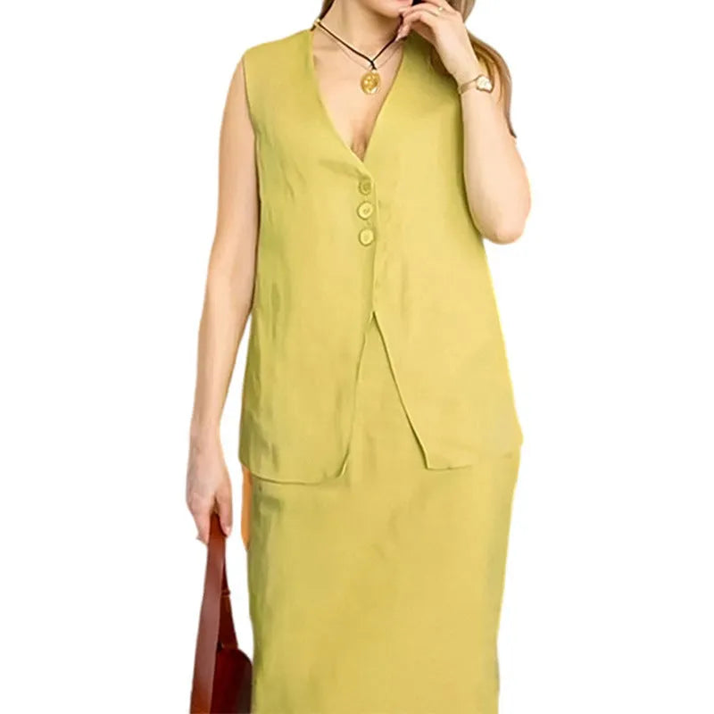 Women's sleeveless vest and long skirt two-piece casual suit in polyester available in three colours