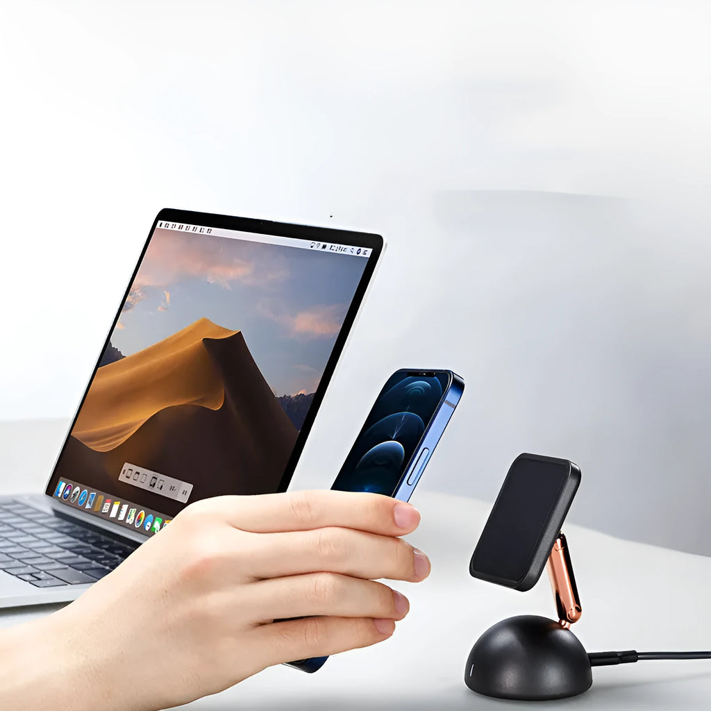 Mini magnetic desktop wireless charging stand in Space Grey with double ring magnet and LED indication