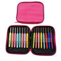 16-piece crochet hook set showing thick and thin handles with storage bag
