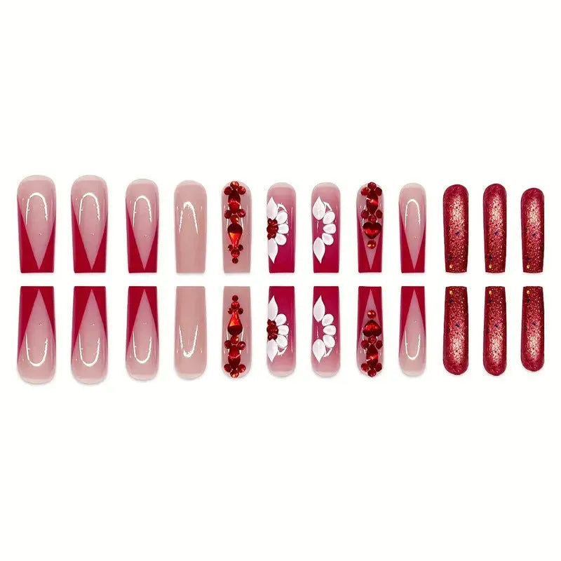 Sweet Flowers Temperament patterned press-on false nails with red diamond accents in a long square shape.