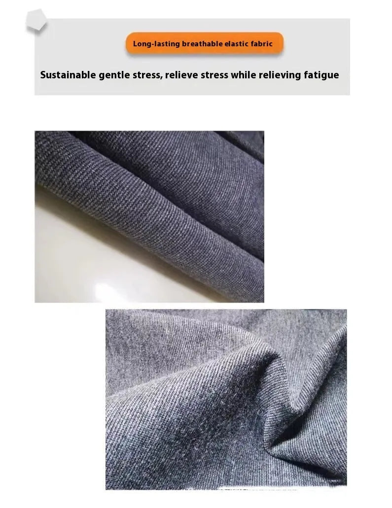 Heather grey dog anxiety vest shown on a model, illustrating its jacket style and fit.