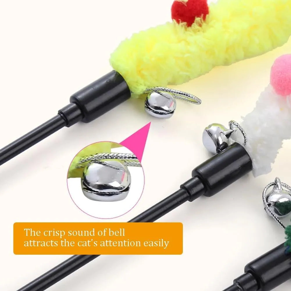 Blue cat wand toy with long plush strip and colourful feather balls attached, held upright.