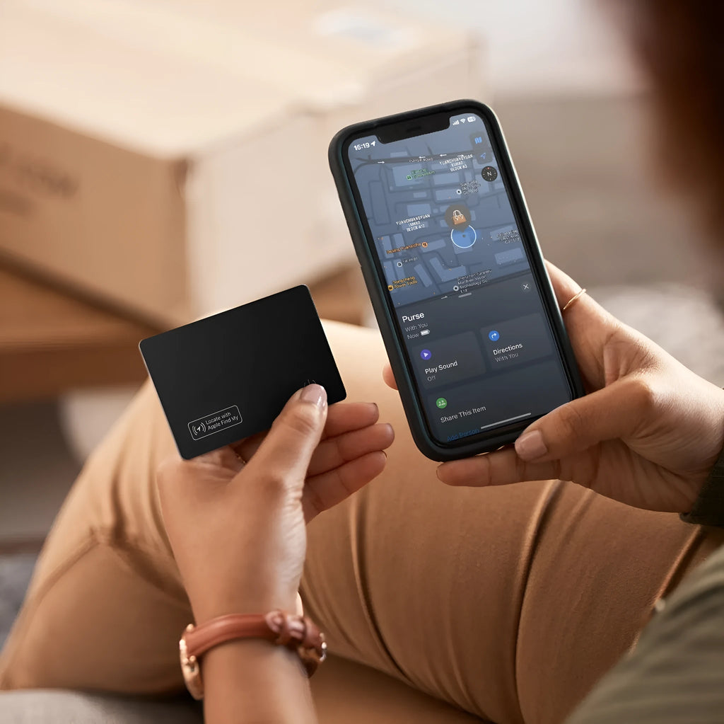 Black ultra-thin anti-loss tracking card for Apple devices with wireless charging, shown next to a credit card for size comparison.