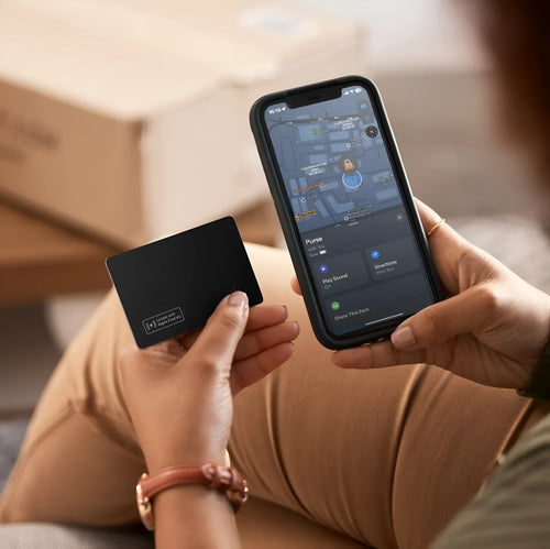 Black ultra-thin anti-loss tracking card for Apple devices with wireless charging, shown next to a credit card for size comparison.