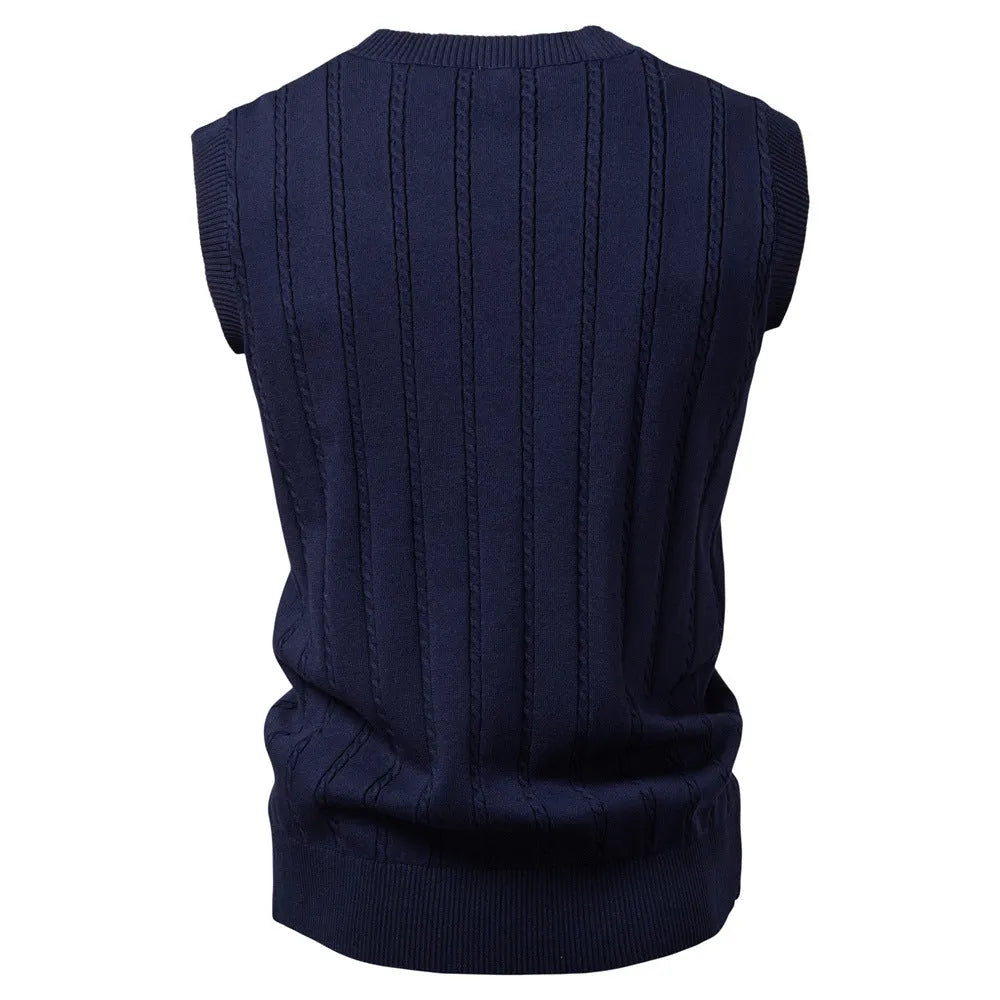 Men's European size V-neck twist sweater vest in dark blue, slim fit, viscose blend