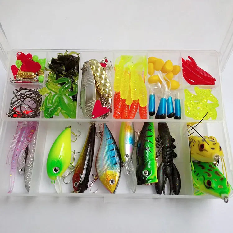 142-piece fishing lure collection with metal pliers showing hard mino and sequin baits