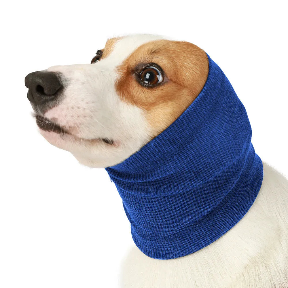 Blue and grey polyester dog headband scarf in comforter style showing S M L size options