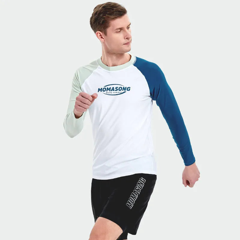 Men's white long sleeve swim top and matching double-layer swim trunks set