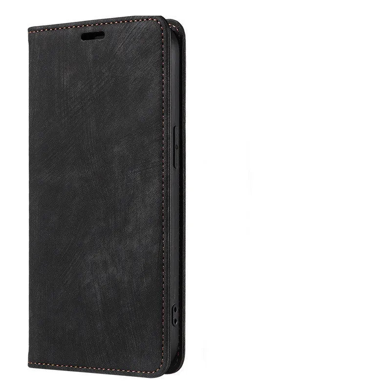 Magnetic flip leather phone case for iPhone in solid colours including red and blue.
