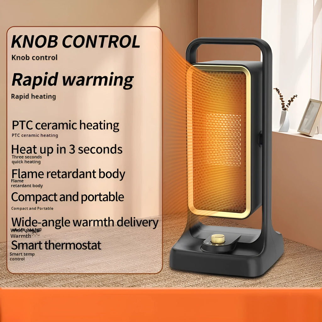 Black desktop PTC ceramic air heater with knob control, compact design measuring 14.9x11.1x33.5cm