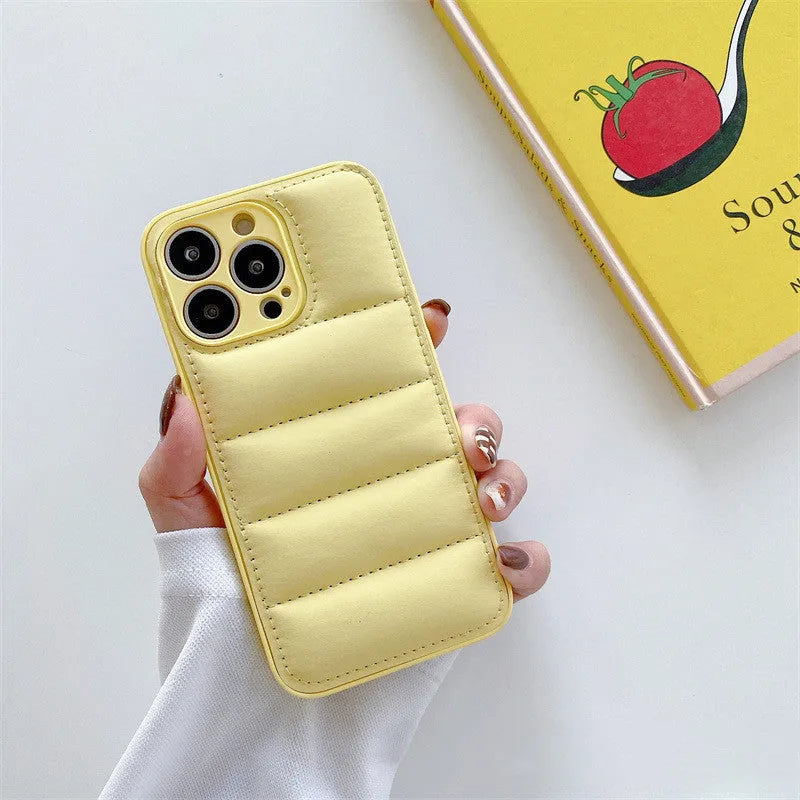 Fashion solid colour down jacket phone case for iPhone showing quilted texture