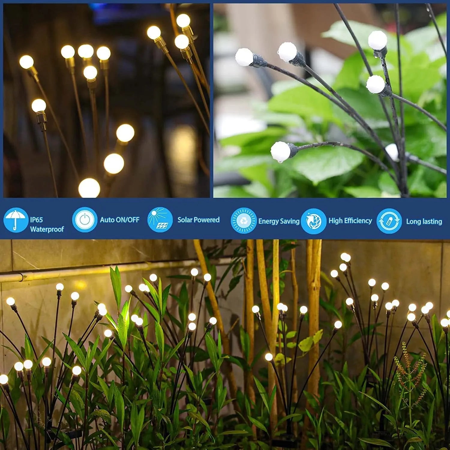 Solar-powered LED firefly garden light with multiple heads and a ground stake.