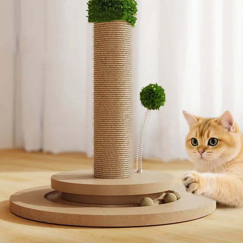 Vertical cat climbing frame with hemp rope scratcher and canna-colour column on a dense board structure