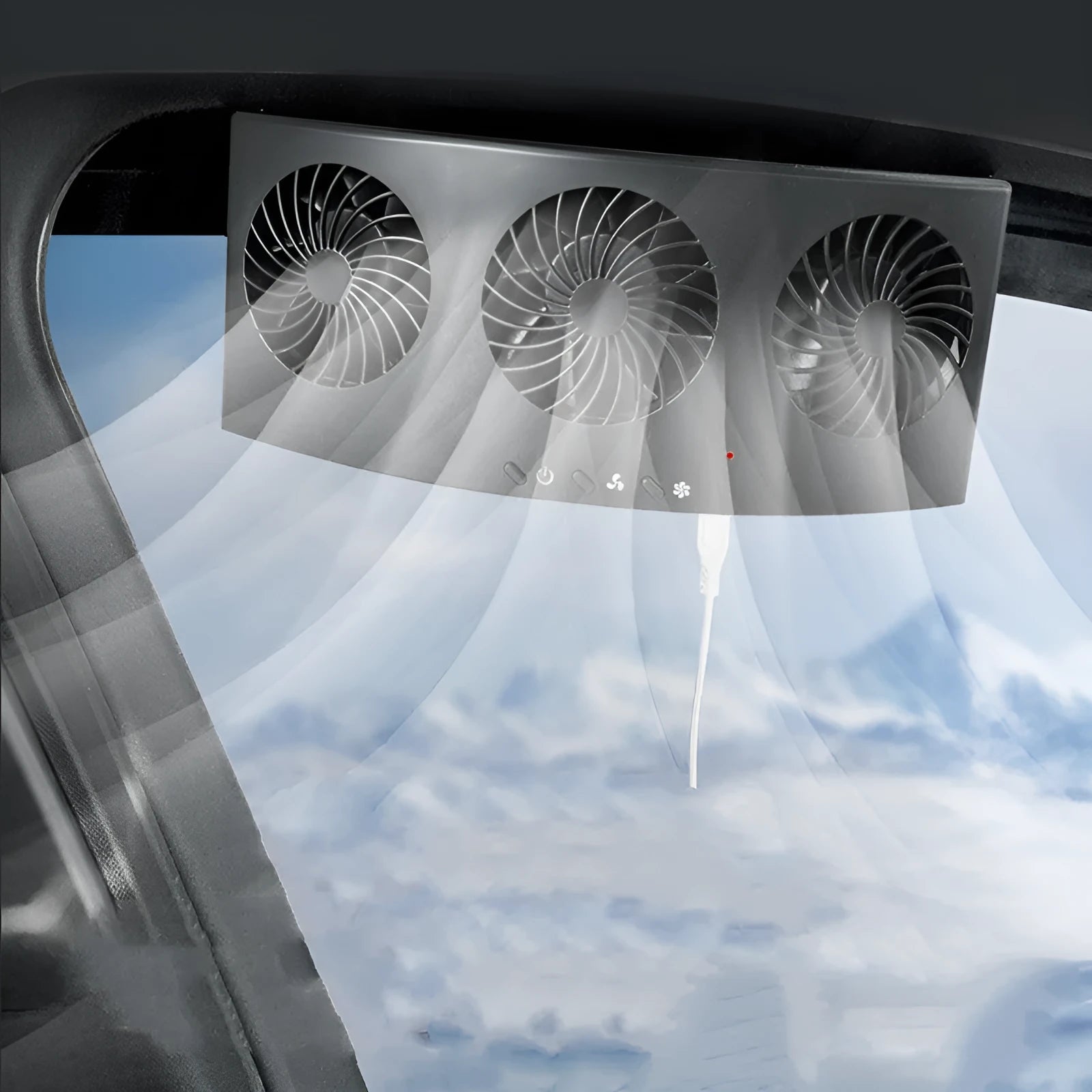 Black and white car ventilation fan with USB cable for vehicle heat and odour management