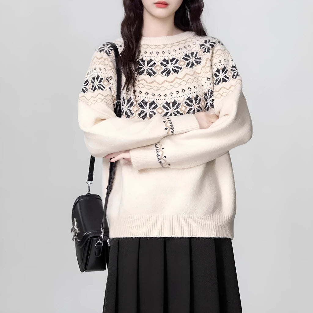 Women's milky white fair island geometric pattern knitted pullover sweater with crew neck.