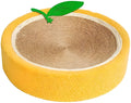 Yellow fruit-shaped sisal cat scratching board with a round bed for small breed cats.
