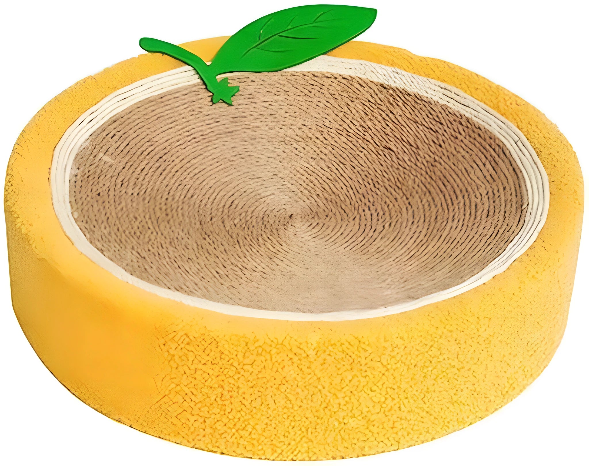 Yellow fruit-shaped sisal cat scratching board with a round bed for small breed cats.