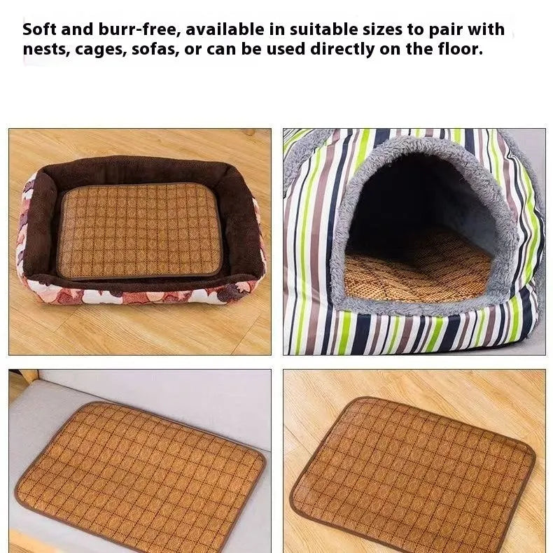 Natural brown woven rattan fibre cooling mat for dogs on a wooden floor