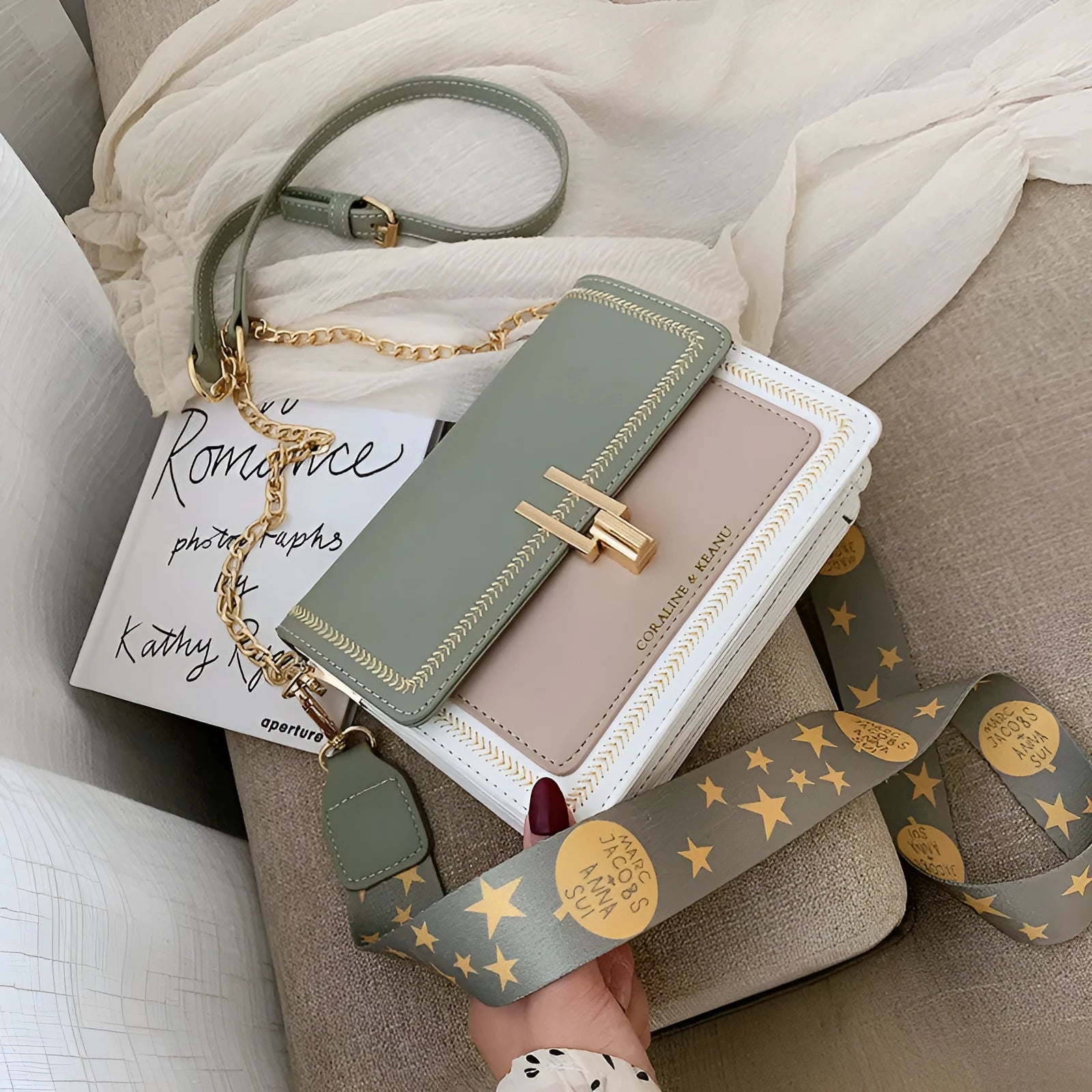 Women's wide strap crossbody bag in Matcha Green PU material with contrast colour details for leisure travel