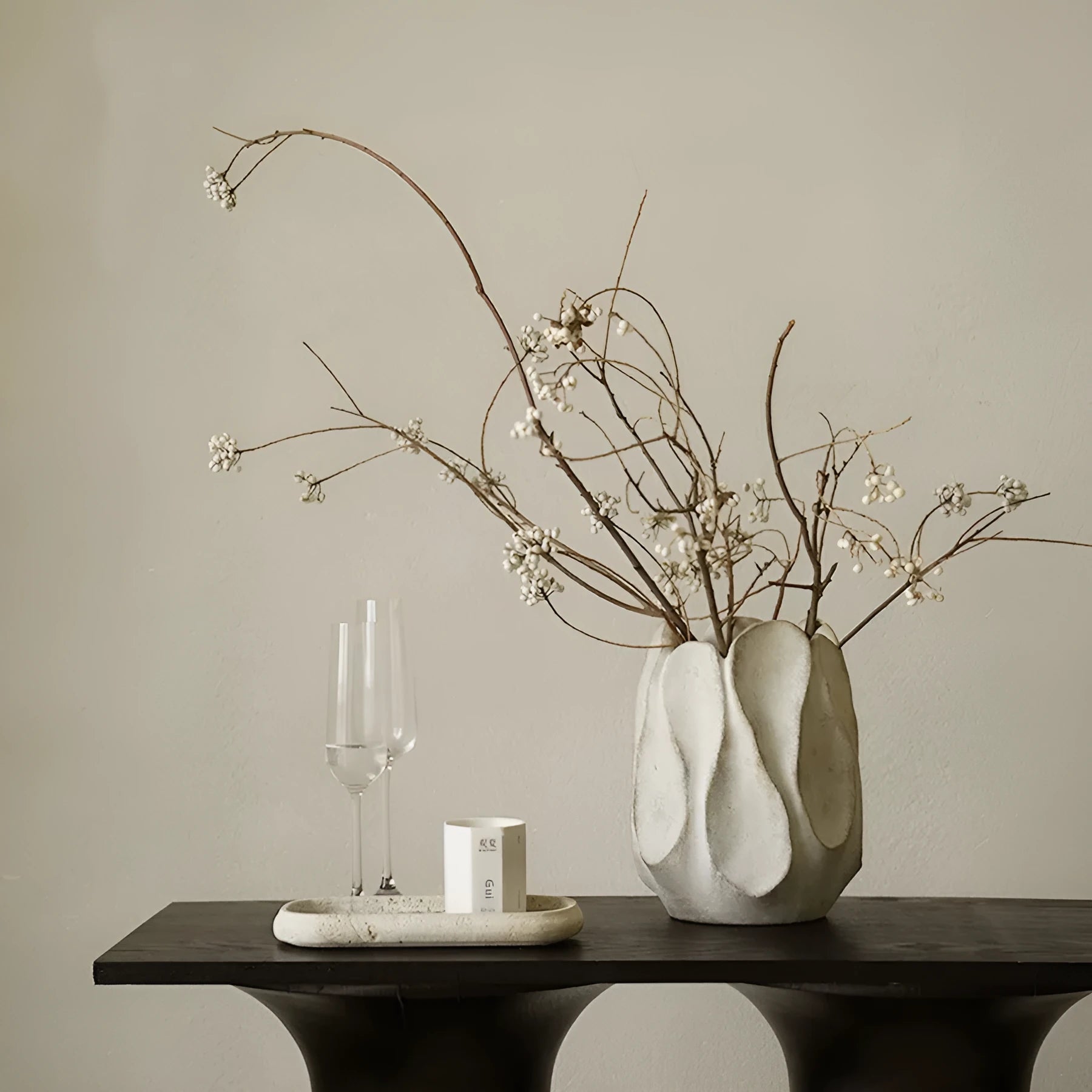 Irregular ceramic vase in magnesium clay finish, high and low style versions for flower arrangements