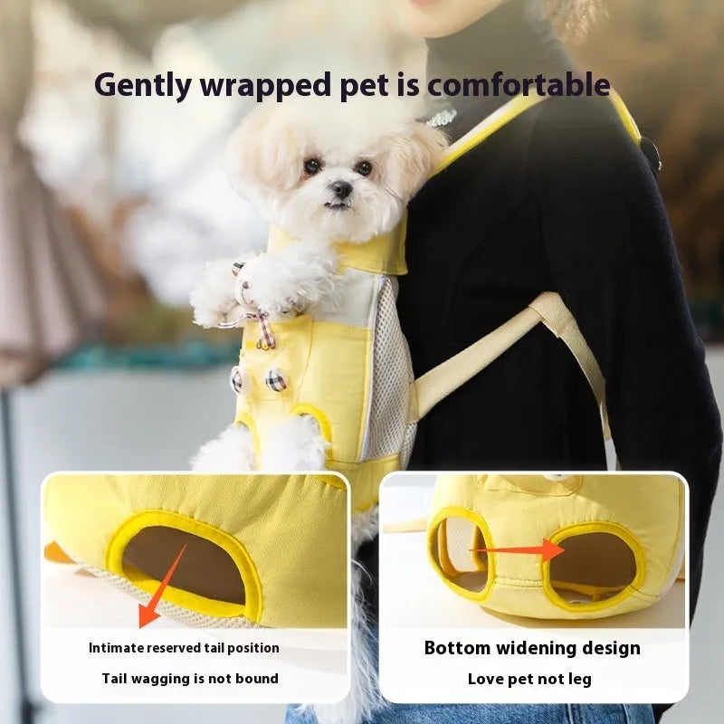 Soft canvas pet carrier bag with cartoon animal design showing colourful stitching details