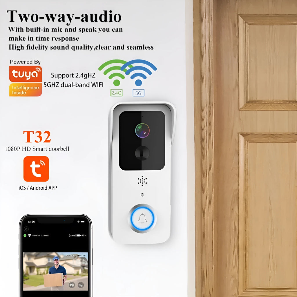 Smart home waterproof visual doorbell with camera and 18650 battery, shown in black and white doodle board designs.