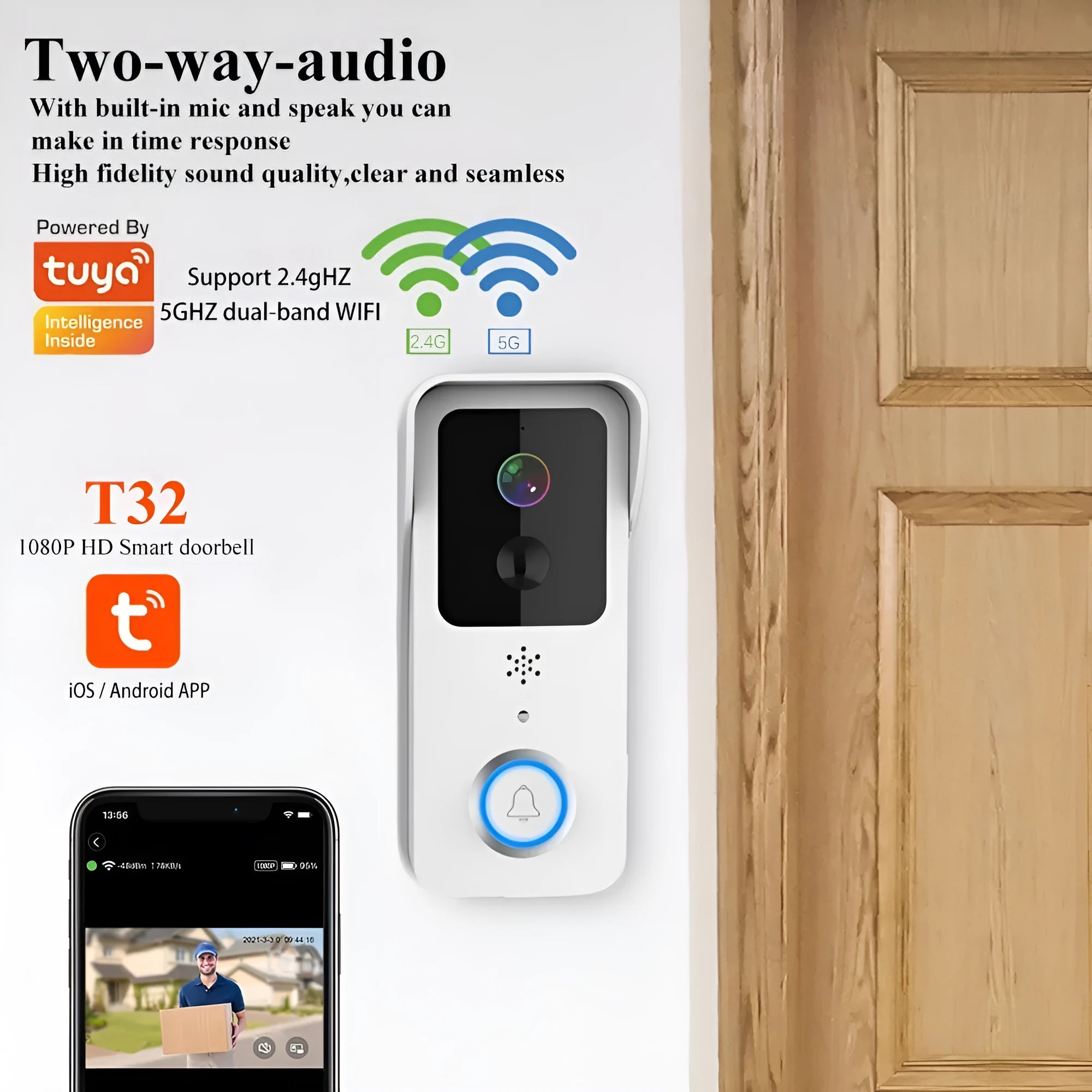 Smart home waterproof visual doorbell with camera and 18650 battery, shown in black and white doodle board designs.