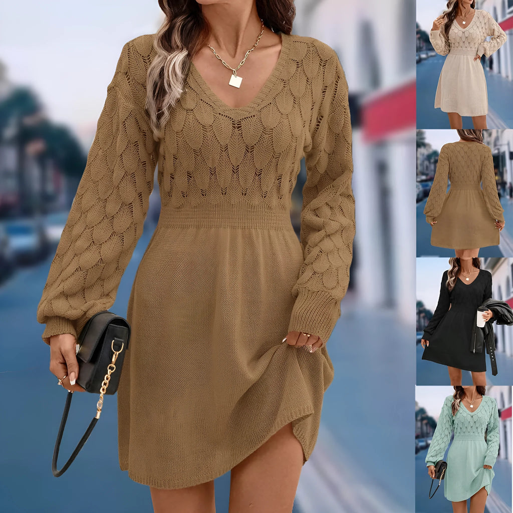 V-neck long sleeve acrylic beach dress with a high waist, shown in apricot colour.