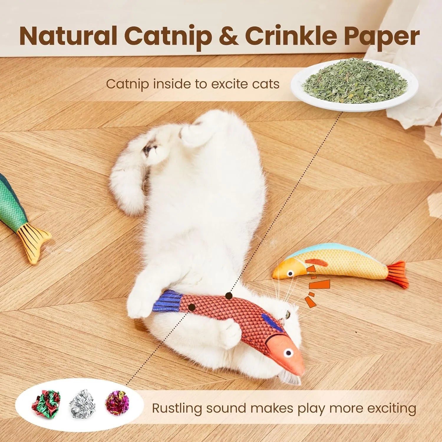 Soft plush fish-shaped cat toy with organic catnip stuffing in green, orange or yellow colours