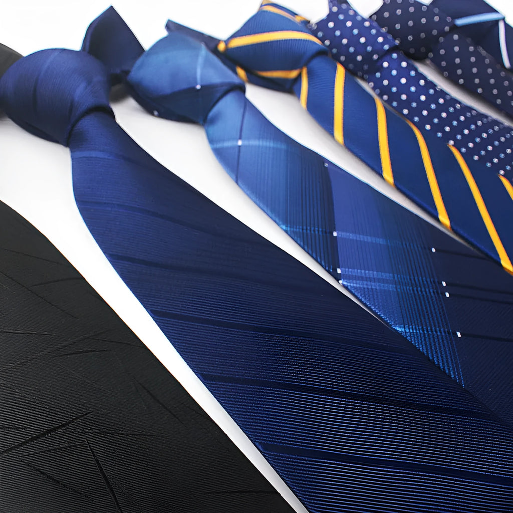 Red, black and blue striped business tie with jacquard pattern and arrow shape