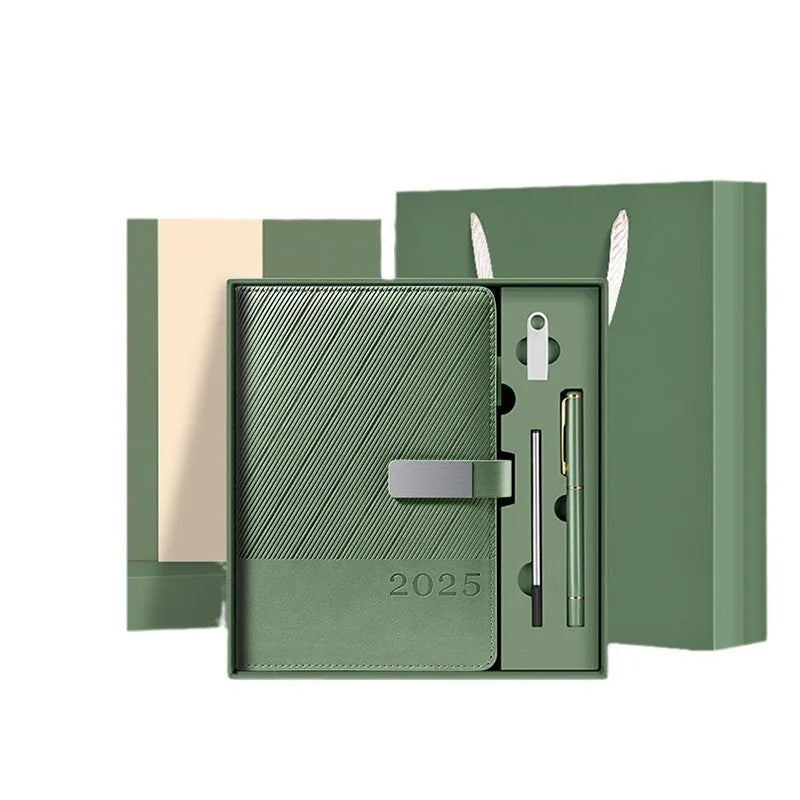 A5 striped PU leather notepad open on a desk showing 80g wood-free paper, available in eight colours.