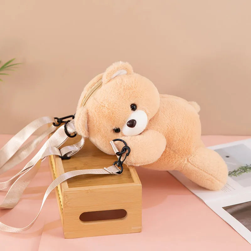 Cartoon bear lying plush doll crossbody bag in beige with airpillow strap