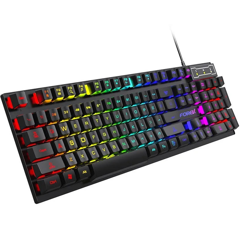 Black 104-key mechanical gaming keyboard with back lighting and matching mouse on desktop
