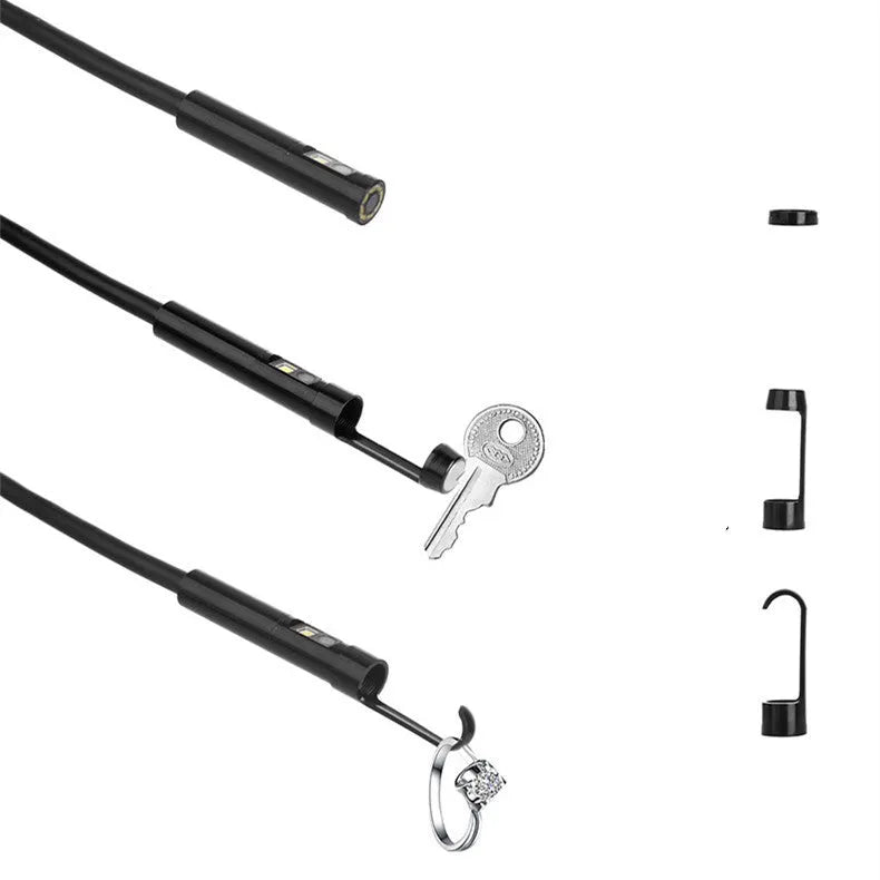 Wireless dual lens inspection endoscope with magnetic tip and hook accessories for pipe and cavity examination