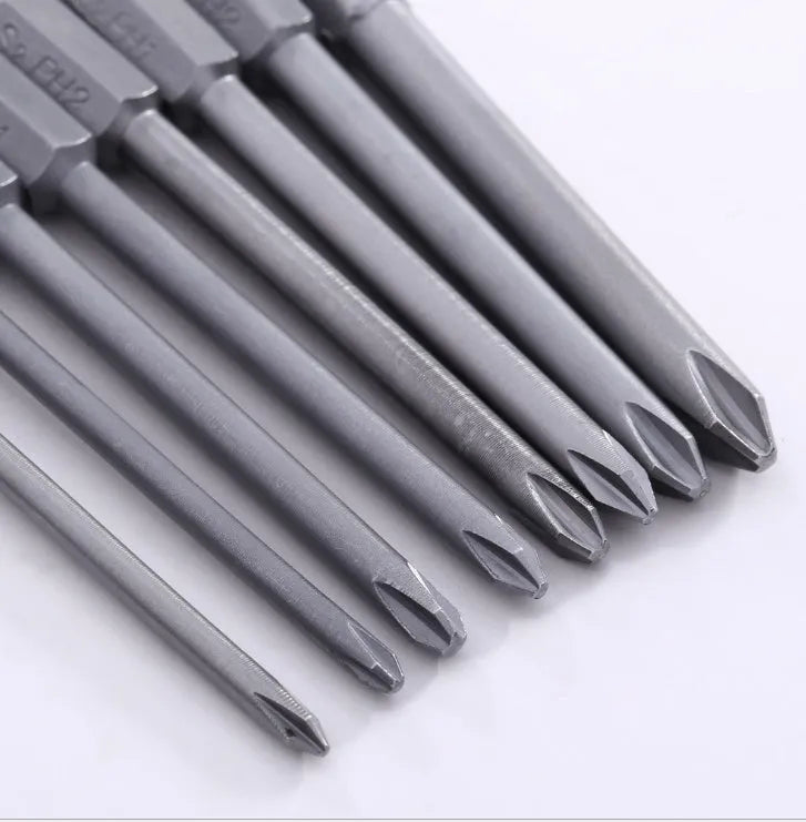 Eight 75mm magnetic Phillips screwdriver bits with hex shanks in various sizes