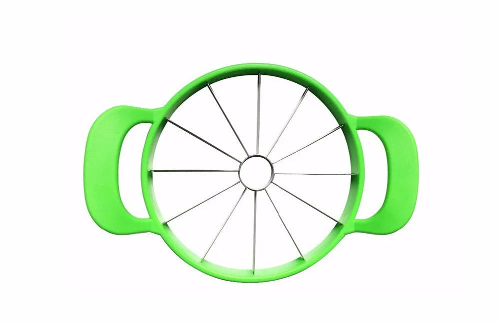 Green plastic melon slicer with stainless steel blades cutting a watermelon into wedges.