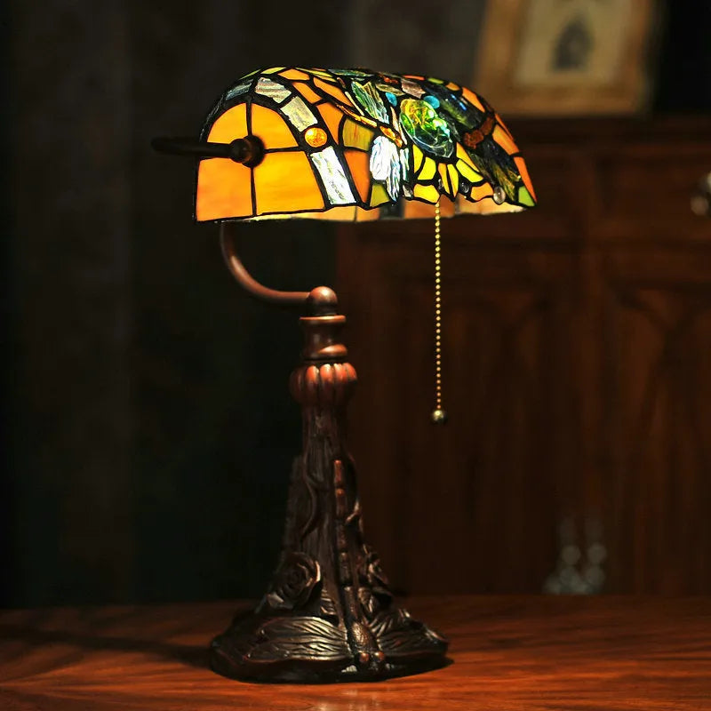 10-inch Tiffany table lamp with coloured stained glass shade on resin base