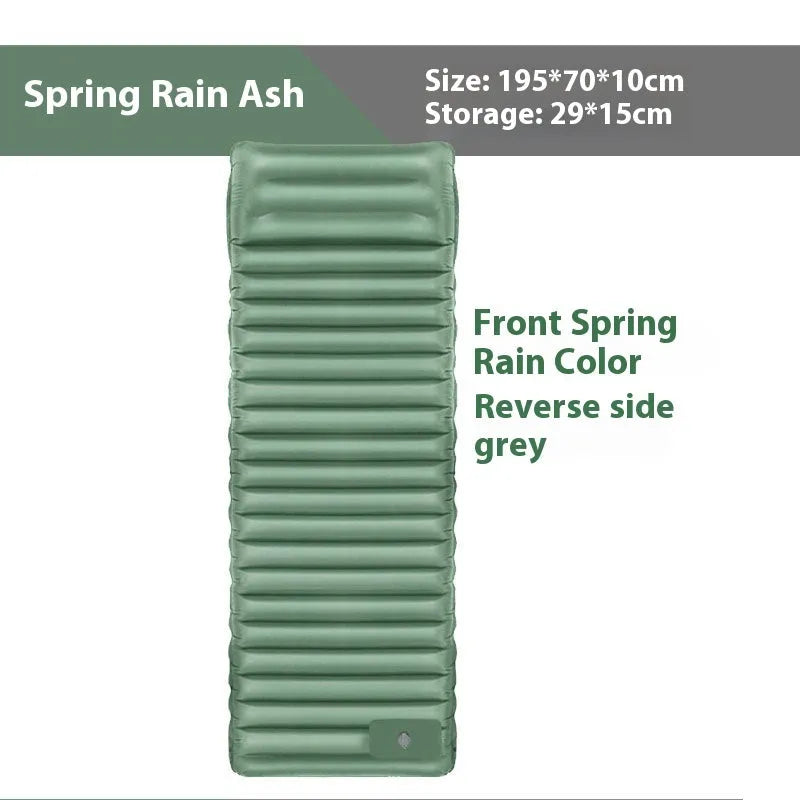 Portable inflatable camping mattress in spring rain grey colour, shown with dimensions 195x70x10 cm.