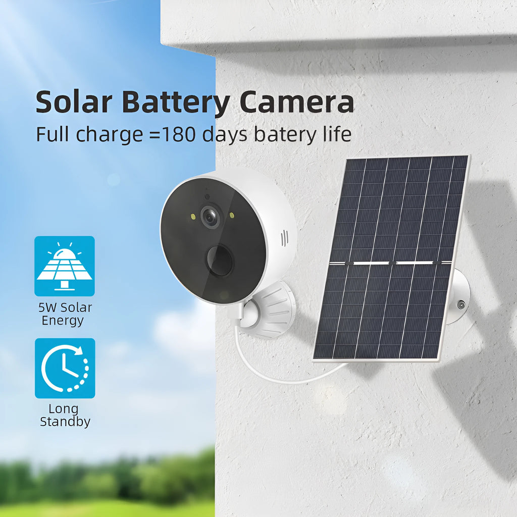 Outdoor solar-powered security camera with attached solar panel for off-grid monitoring.