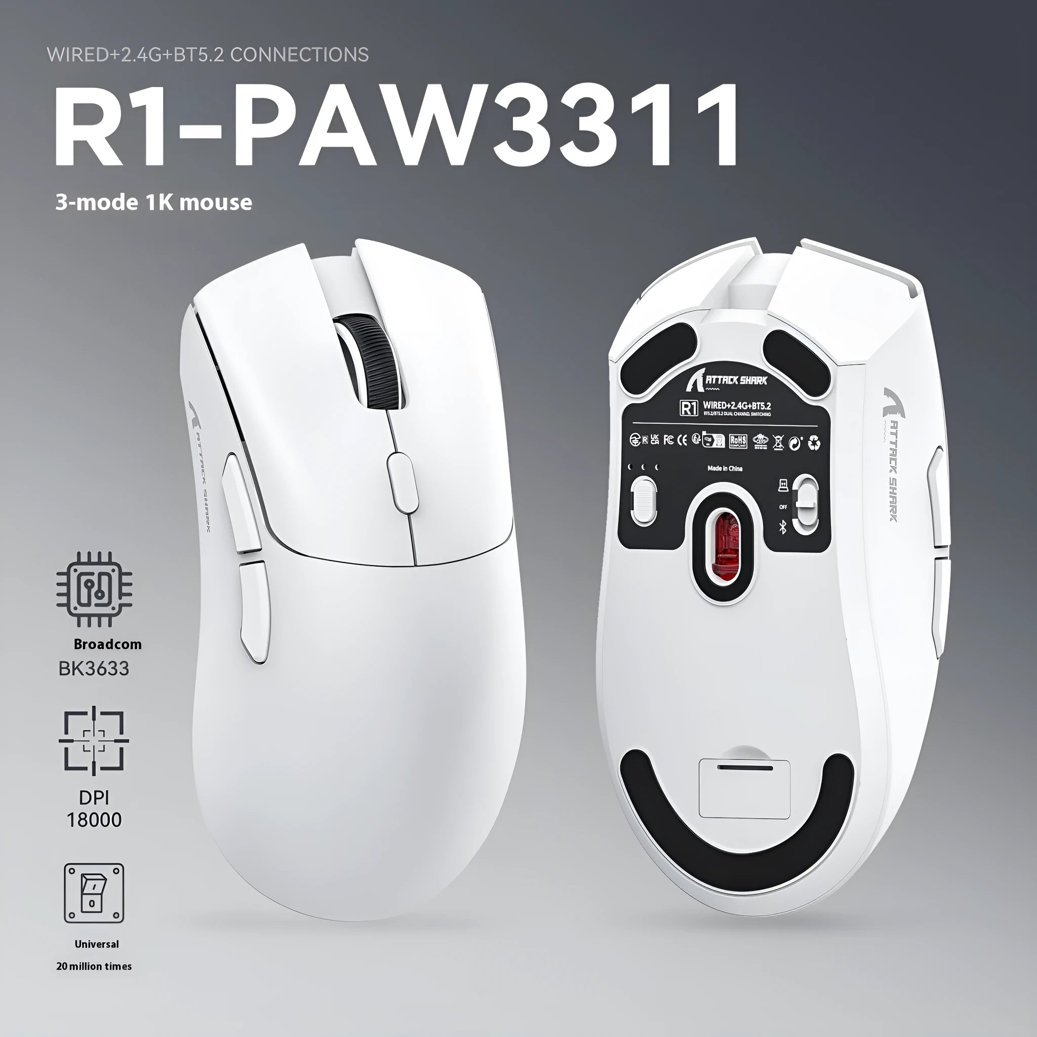 Attack Shark wireless Bluetooth three-mode gaming mouse in black, white or red colours
