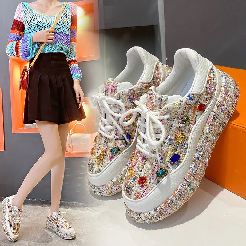 Women's colourful tweed platform loafers with gemstones on slip-on flat shoes, black and white options available