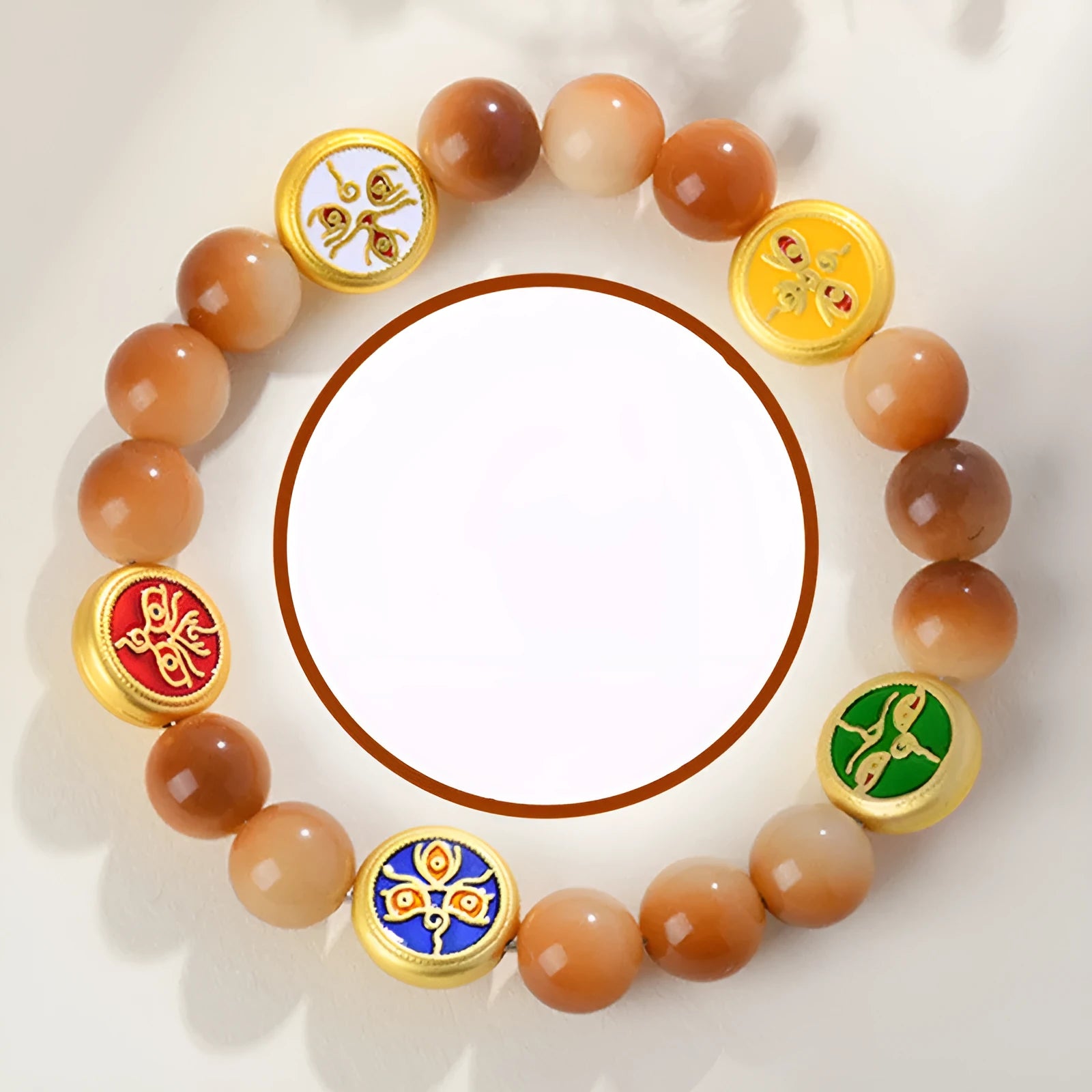 Yellow Bodhi seed bracelet showing five directions geometric design with round beads