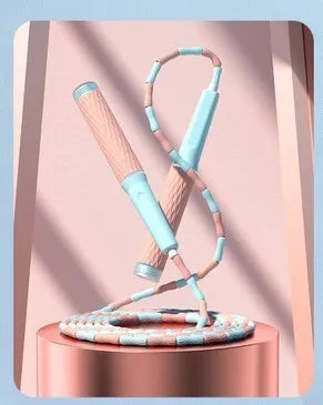 Children's skipping rope with bamboo beads in blue colour showing 2.8 metre length