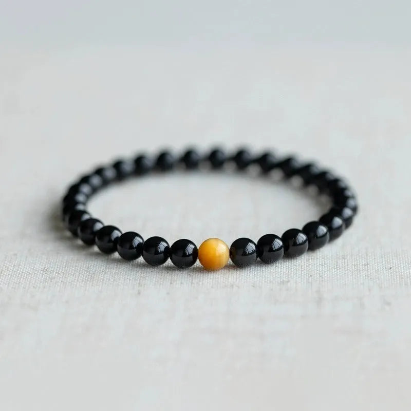 Black polished obsidian geometric bracelet with 10mm beads, Korean unisex style.